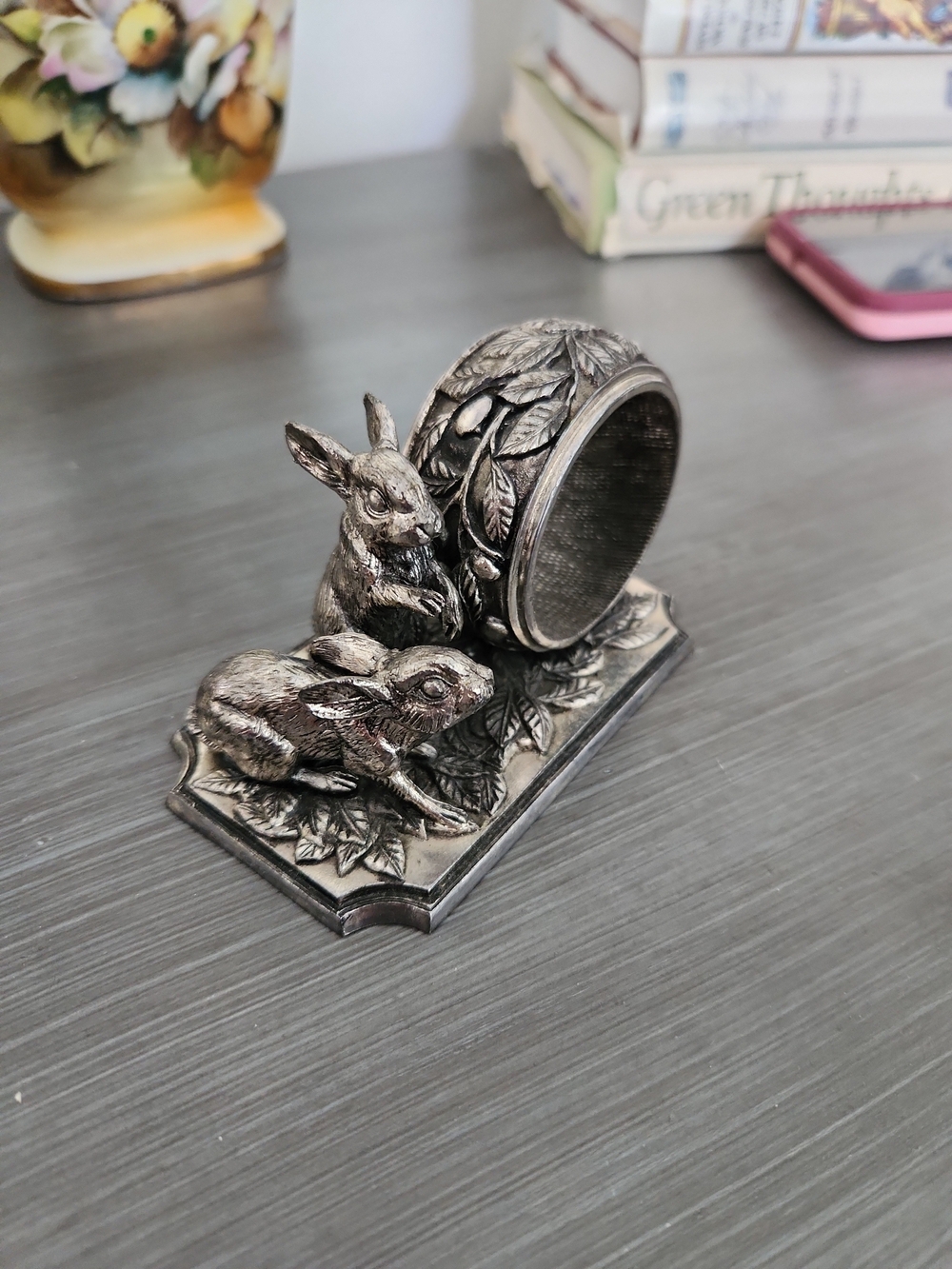 Franklin Mint Animals Play Napkin Ring Holder Silver Plate  Rabbits Bunnies 1977